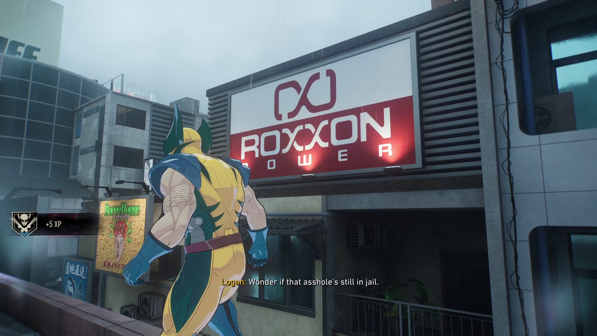 Wolverine walking past a billboard for Roxxon during Marvel's Wolverine