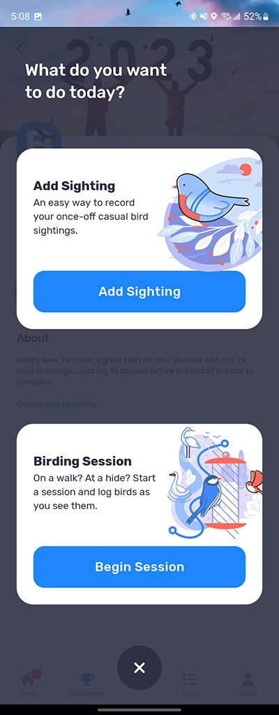 Screenshots from the Birda app