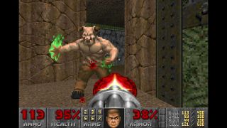 Screenshot from the video game Doom II. A retro first person shooter game where you blast demons.