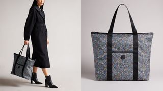 composite of flat lay and model holding ted baker Joanina Retro Floral Nylon Tote