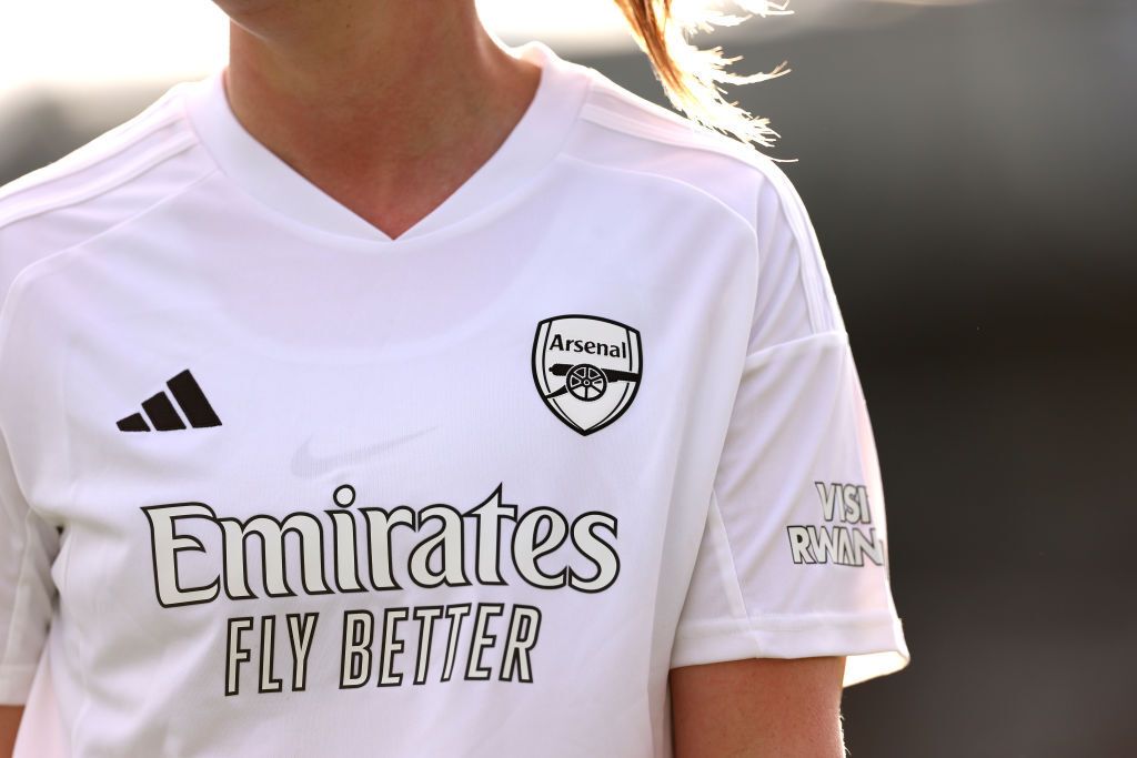 A detailed view of the Arsenal all-white kit in support of the &#039;No More Red&#039; campaign against knife crime and youth violence worn during the Adobe Women&#039;s FA Cup Fourth Round match between Arsenal Women and Watford Women at Meadow Park on January 14, 2024 in Borehamwood, England.