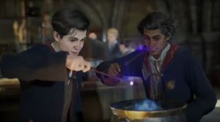 Hogwarts Legacy - Two young students use wands on their cauldron