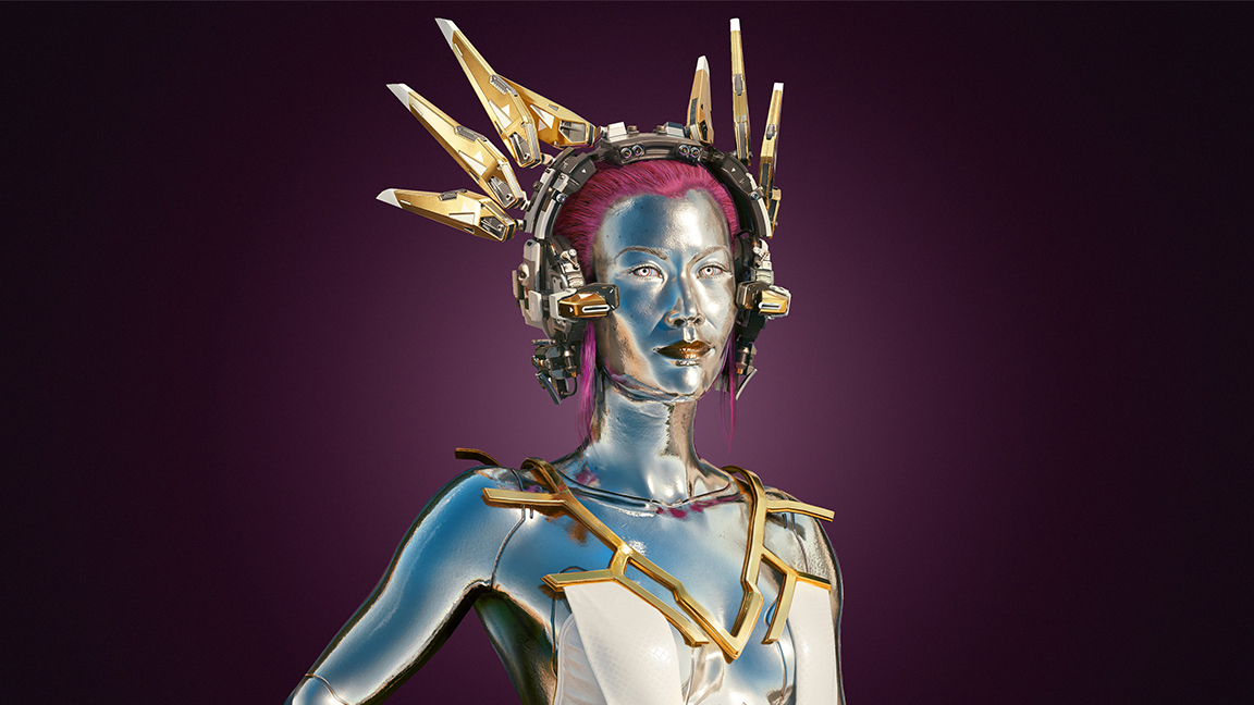 Cyberpunk 2077 Phantom Liberty; a headpiece on a robot character in a game