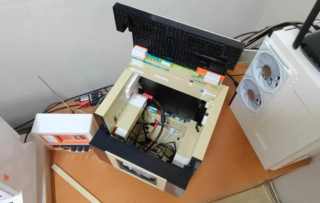 Retro Commodore-style monitor case, and vintage audio deck — all custom built from Lego