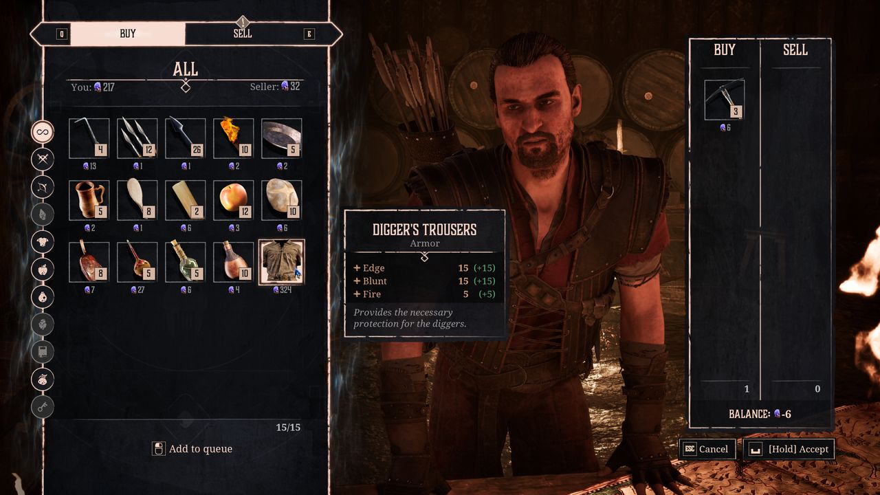 Gothic Remake armour: The Digger's Trousers armour in merchant Alberto's inventory screen.