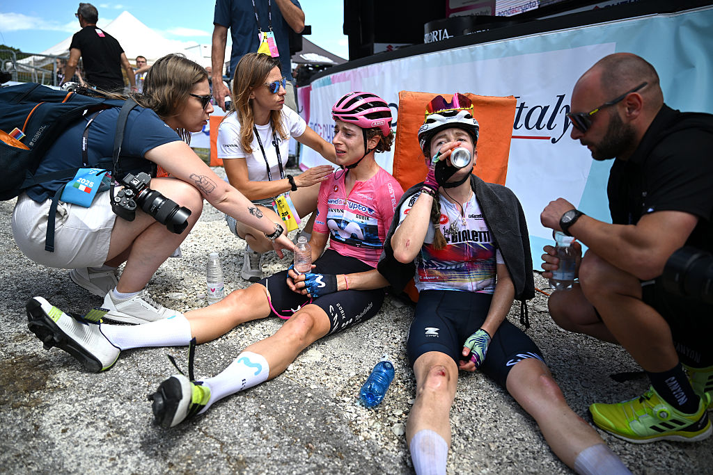 MONTE NERONE, ITALY - JULY 12: (L-R) Marlen Reusser of Switzerland and Team Movistar - Pink Leader Jersey and Antonia Niedermaier of Germany and Team CANYON//SRAM - White Best Young Rider Jersey react after the 36th Giro d'Italia Women 2025, Stage 7 a 150km stage from Fermignano to Monte Nerone 1396m / #UCIWWT / on July 12, 2025 in Monte Nerone, Italy. (Photo by Luc Claessen/Getty Images)