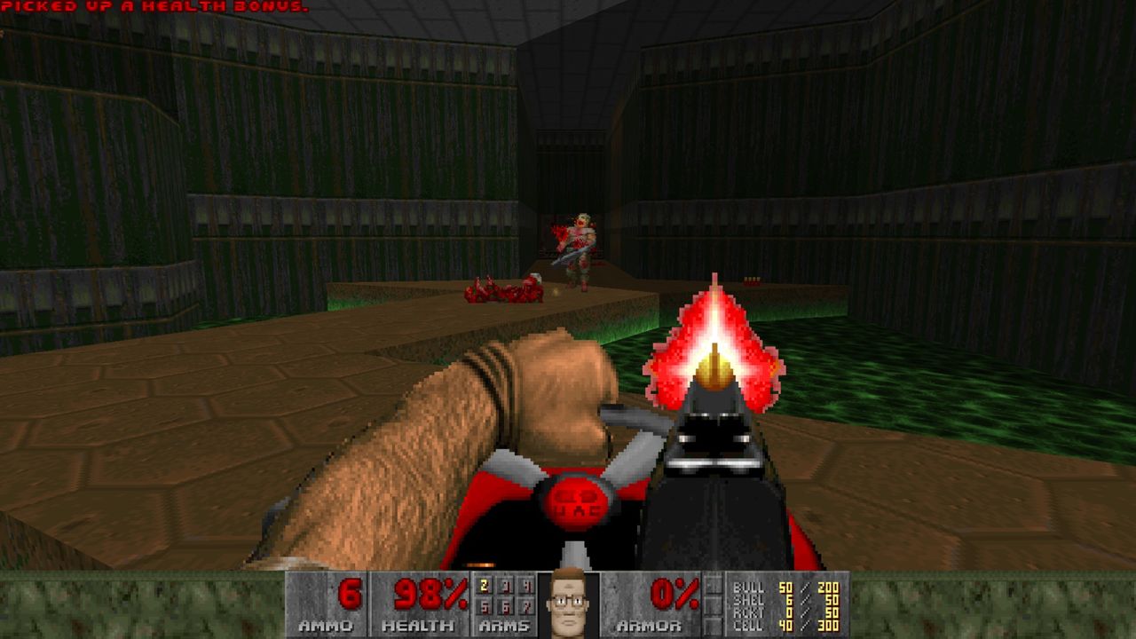 Hank riding a lawnmower and firing a shotgun on E1M1