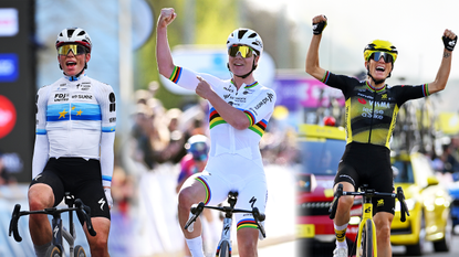 Composite image showing Demi Vollering, Lotte Kopecky and Pauline Ferrand-Pr&eacute;vot all celebrating winning races