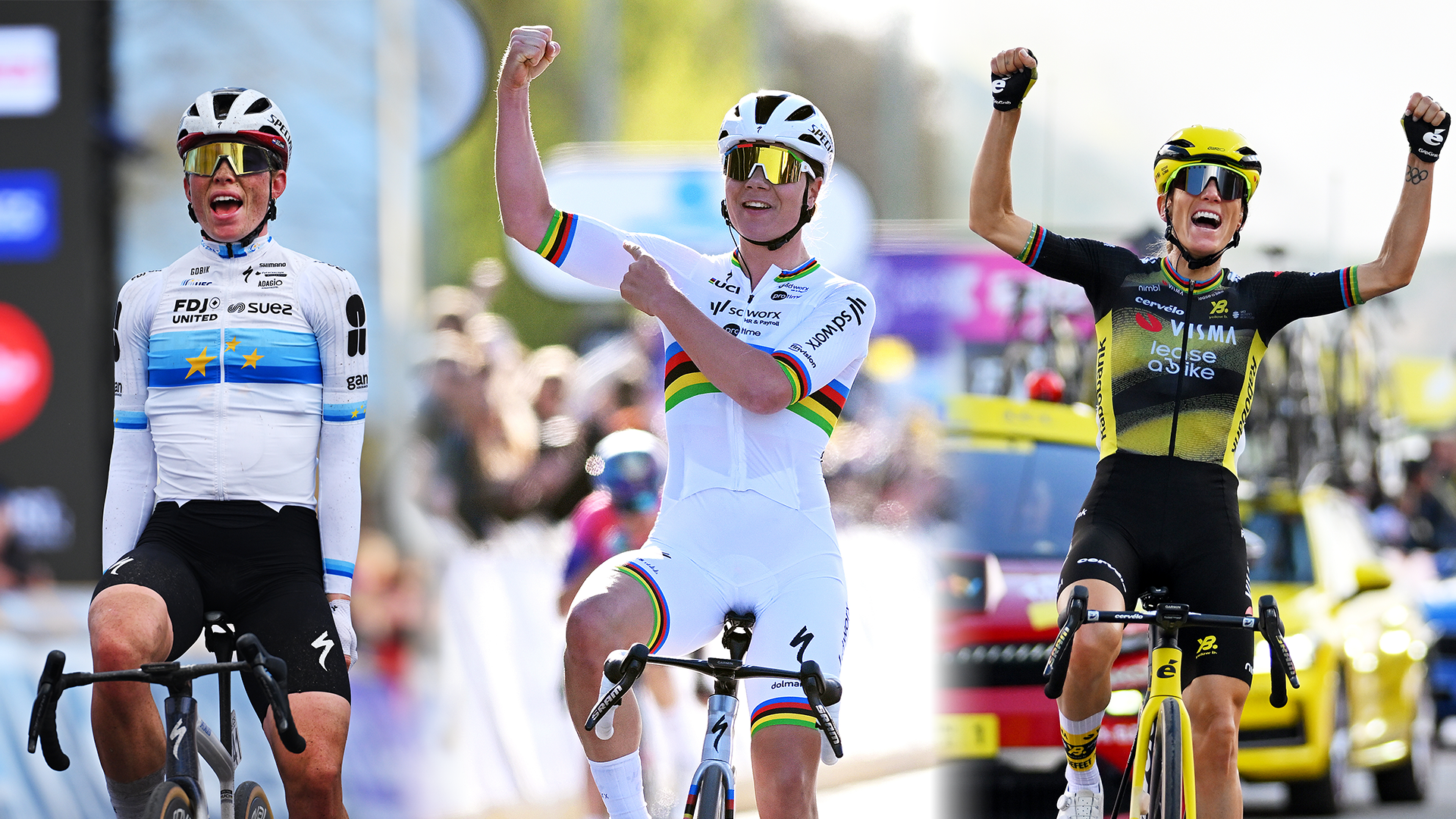 Composite image showing Demi Vollering, Lotte Kopecky and Pauline Ferrand-Pr&eacute;vot all celebrating winning races