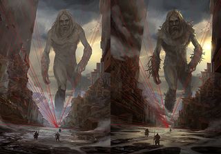 Luminous parts of the sky against the dark areas of the giant’s body will help to make the scene more dynamic and energized