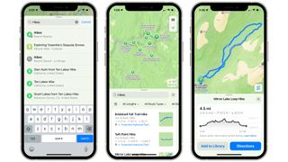 The Apple Maps app in iOS 18 running on three iPhones.