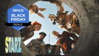 A group of people, including a robot with a lens for an eye, are looking down a concrete well.