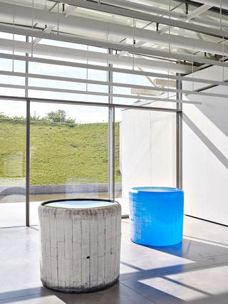 Installation view at Château La Coste, Roni Horn, Water Double, v. 4, 2016 - 2019 Solid cast glass with as-cast surfaces, with oculus, two units.
