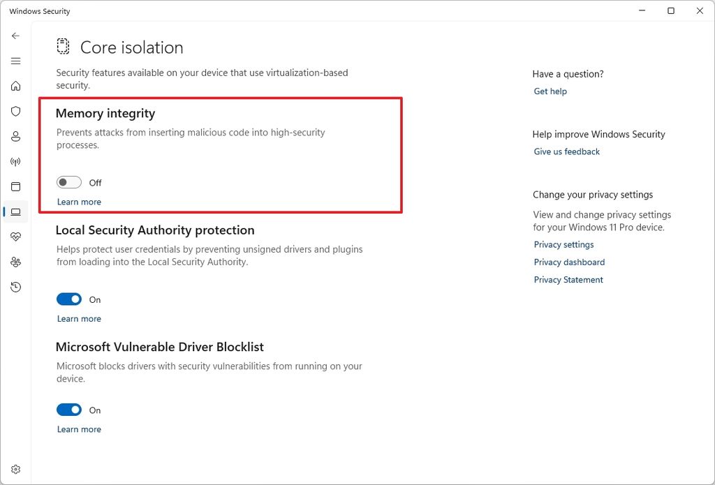 Memory Integrity disabled