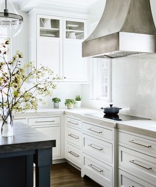 White modern kitchen with silver hardware