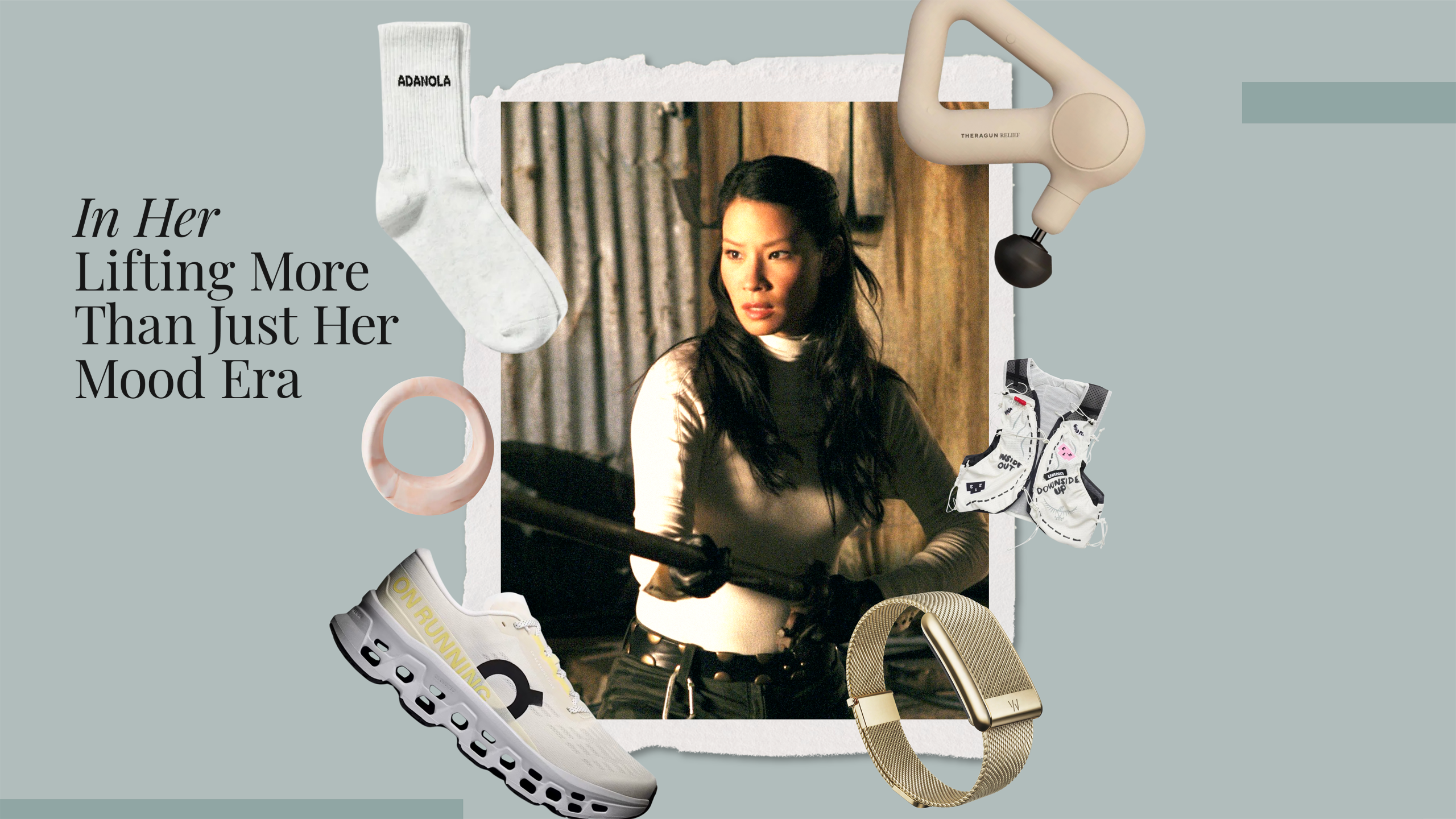 image of Lucy Liu in Charlie's Angels with gift guide products around it