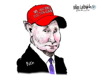 Political Cartoon U.S. Trump Vladimir Putin 2016 election 2020 election interference russian hacking