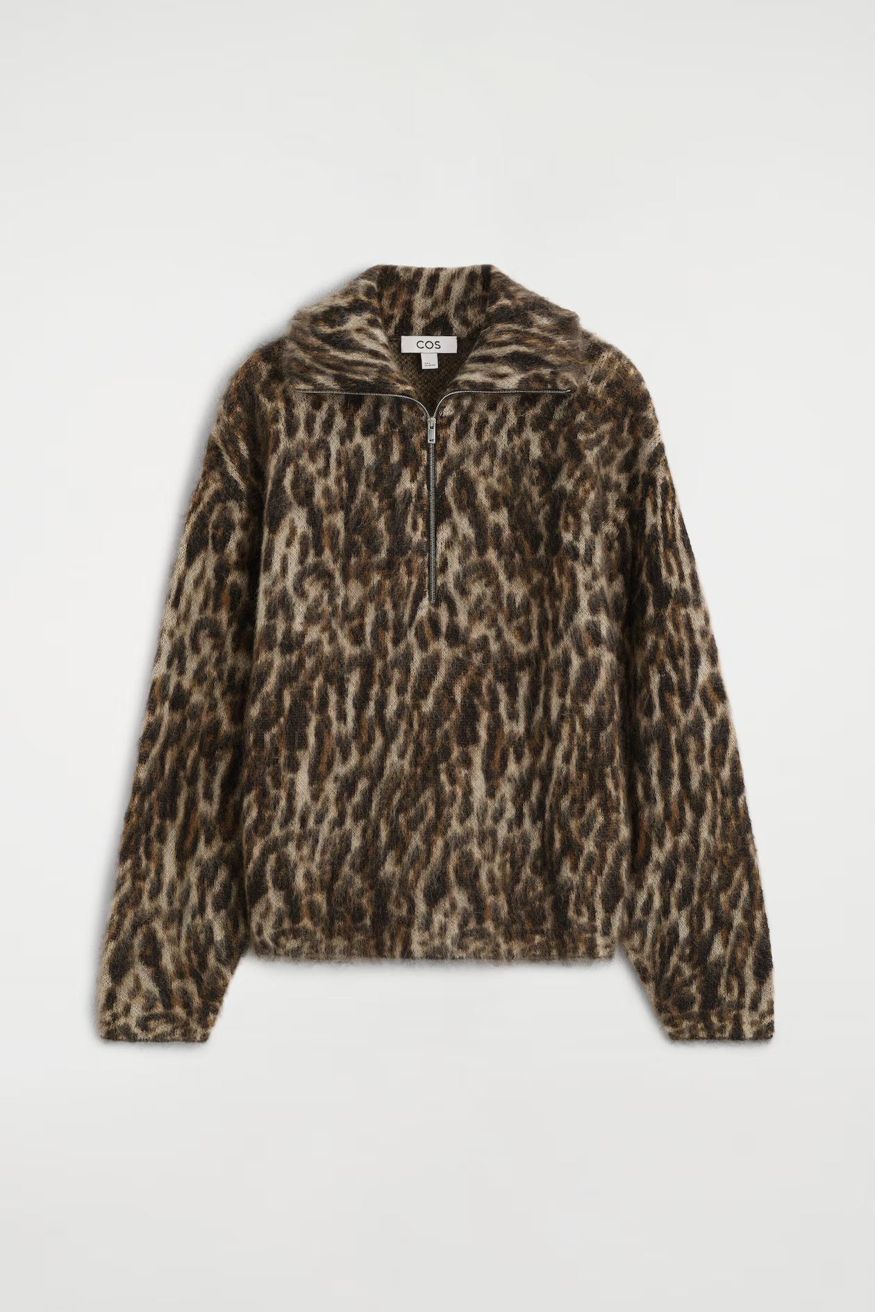 COS, LEOPARD-JACQUARD ZIP-UP SWEATER