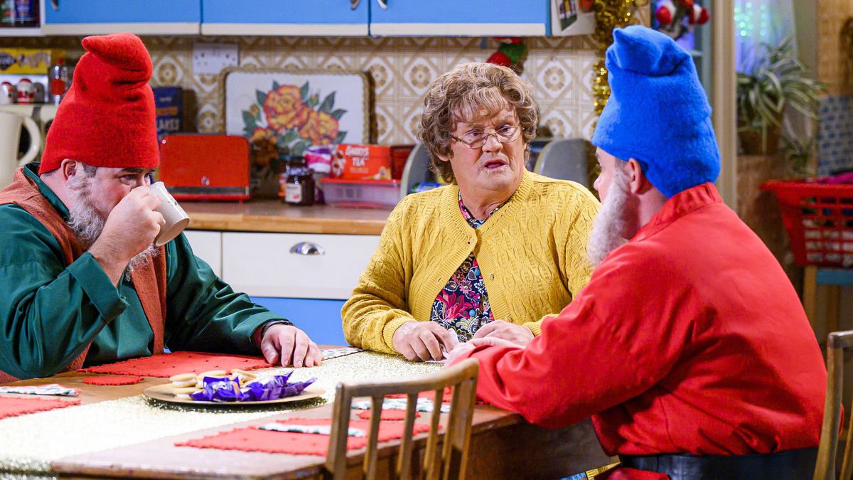 Brendan O&#039;Carroll as Agnes Brown on the set of Mrs Brown&#039;s Christmas Special 2021.