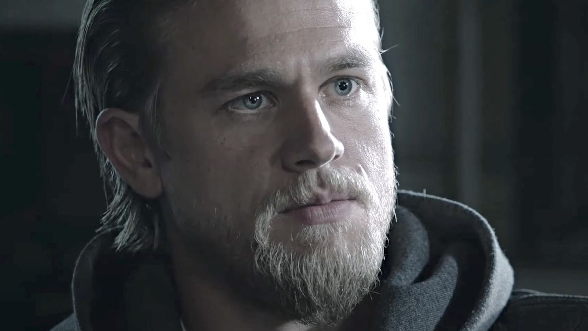 Close-up of Jax Teller&#039;s face during SAMCRO meeting in Sons of Anarchy Season 7