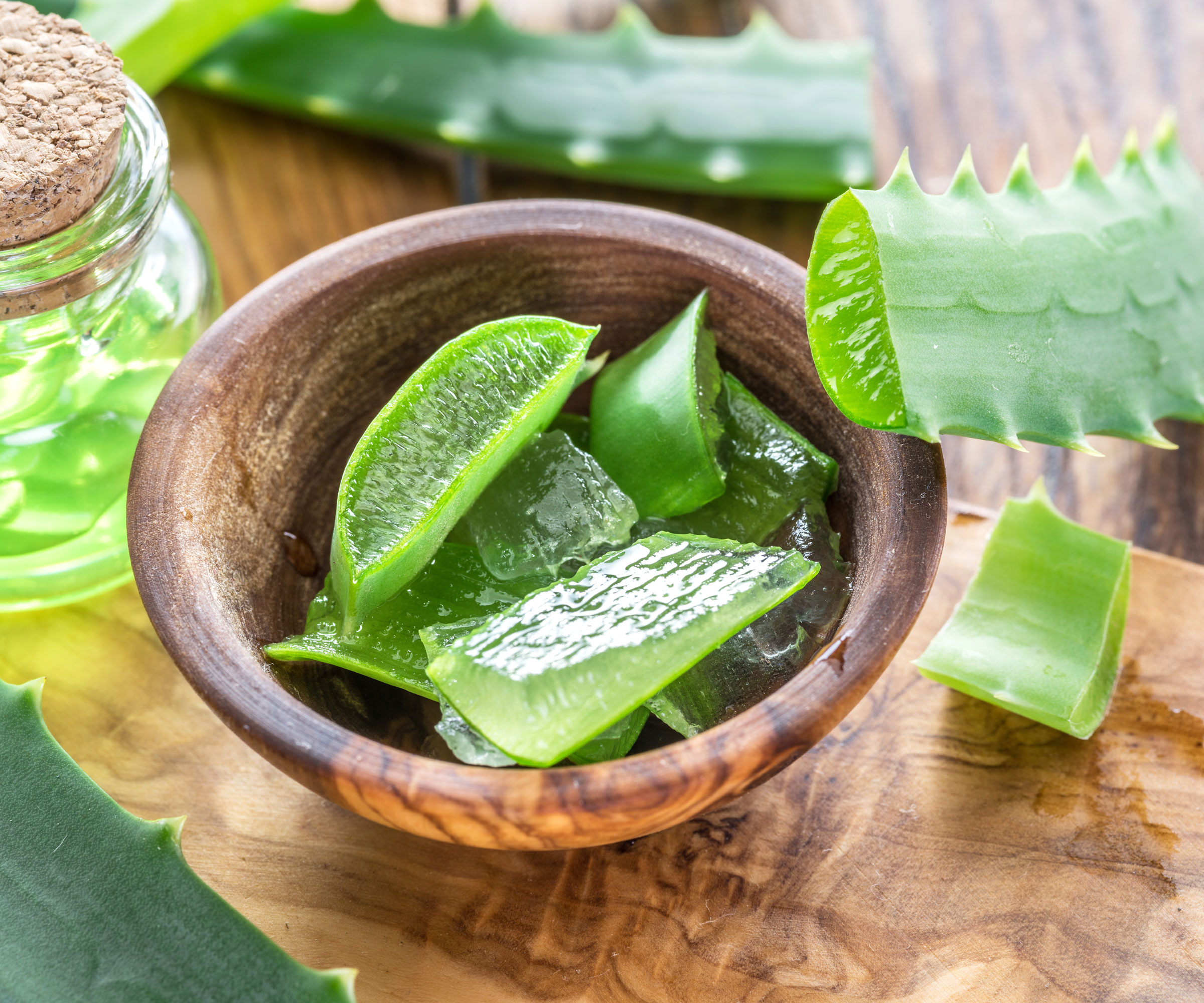 aloe vera harvested and sliced up in wooden bowl