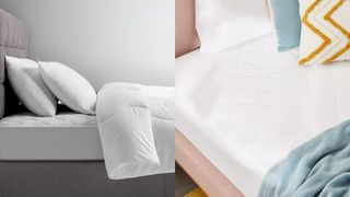 Two images of a John Lewis ANYDAY mattress protector on a bed.