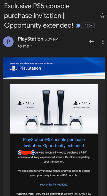 PS5 restock email invite Sony Direct