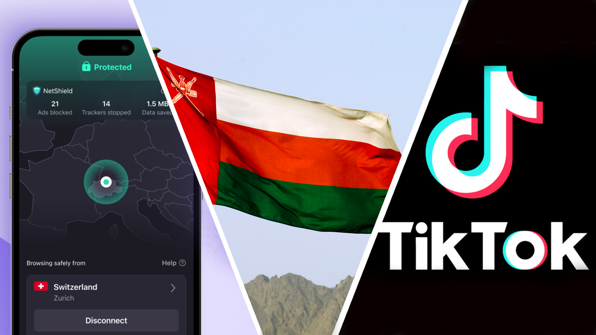 Picture divided in three images, showing from the left: Proton VPN app on smartphone, Oman flag, and TikTok logo on black background.