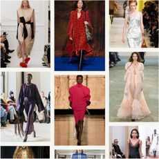 a collage of runway images highlighting the biggest dress trends for fall 2025