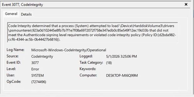 Event 3077 CodeIntegrity error in Windows log. The system failed to load a driver due to code integrity policy violation.