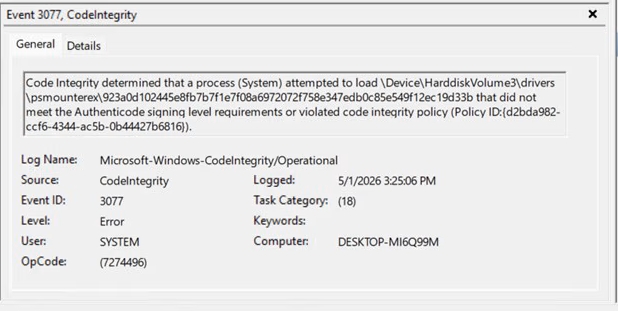 Event 3077 CodeIntegrity error in Windows log. The system failed to load a driver due to code integrity policy violation.