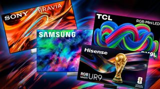 A selection of Hisense, Sony, TCL, Samsung TVs on a colorful background.