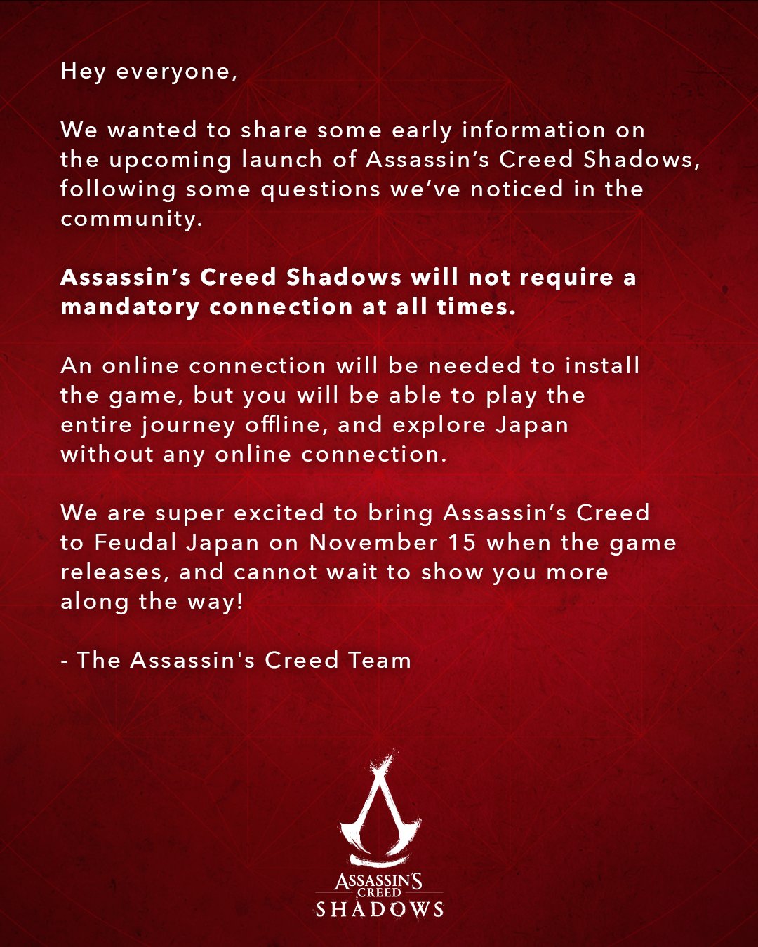  Assassin's Creed Shadows does not need an internet connection to run: 'You will be able to play the entire journey offline' 