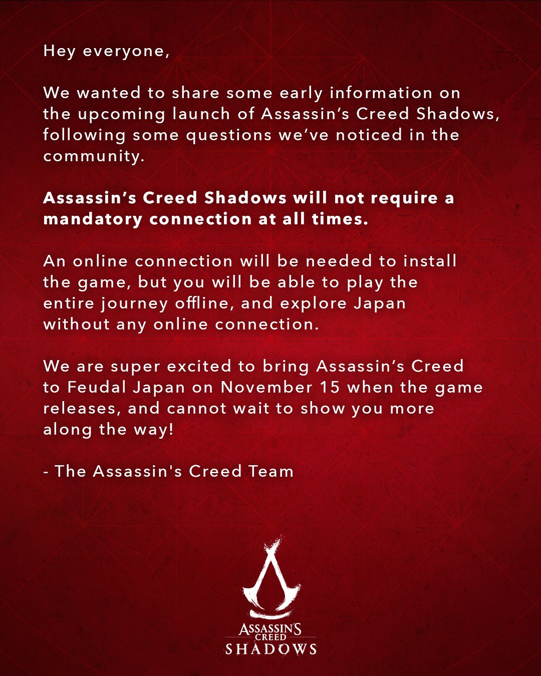 Assassin's Creed Shadows does not need an internet connection to run: 'You will be able to play the entire journey offline'