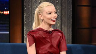 Anya Taylor-Joy smiling and talking on The Late Show.