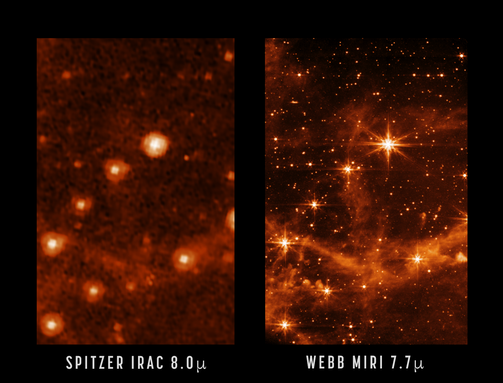 The Large Magellanic Cloud, as seen by NASA's Spitzer Space Telescope (left) and the new James Webb Space Telescope (right).