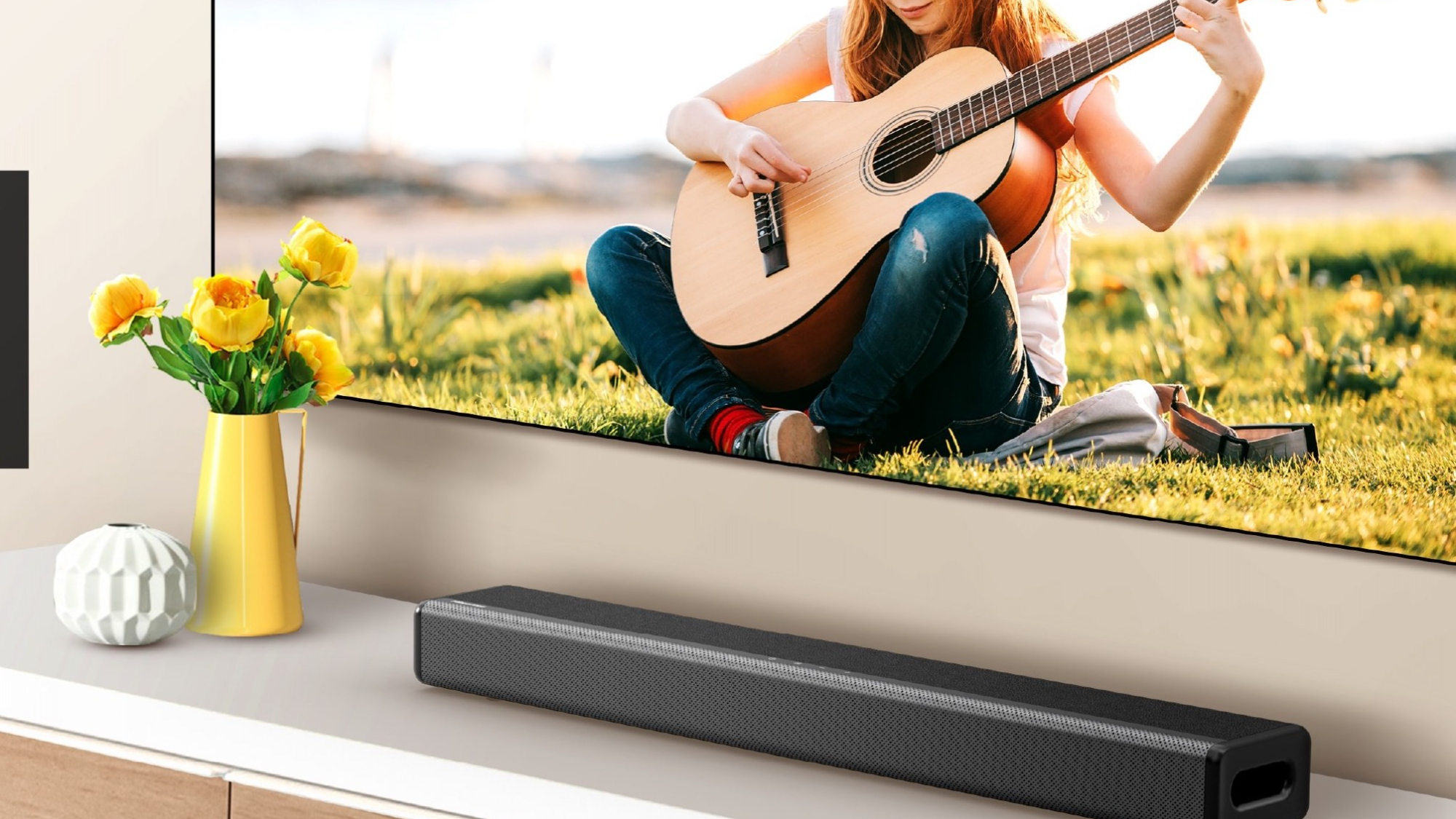Hisense HS214 Soundbar on a stand