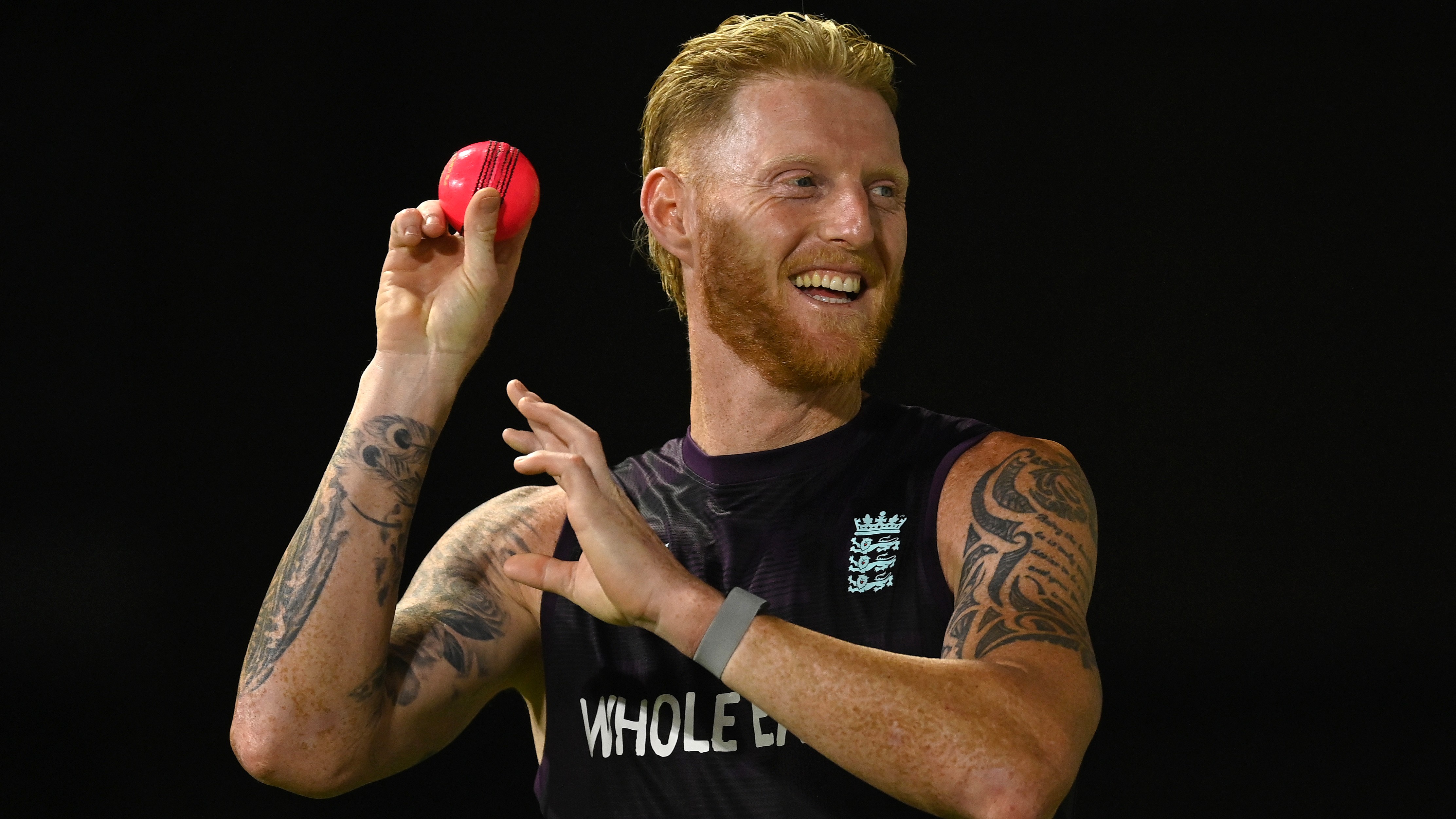 Ben Stokes prepares to throw a pink cricket ball in practice for the 2nd Test