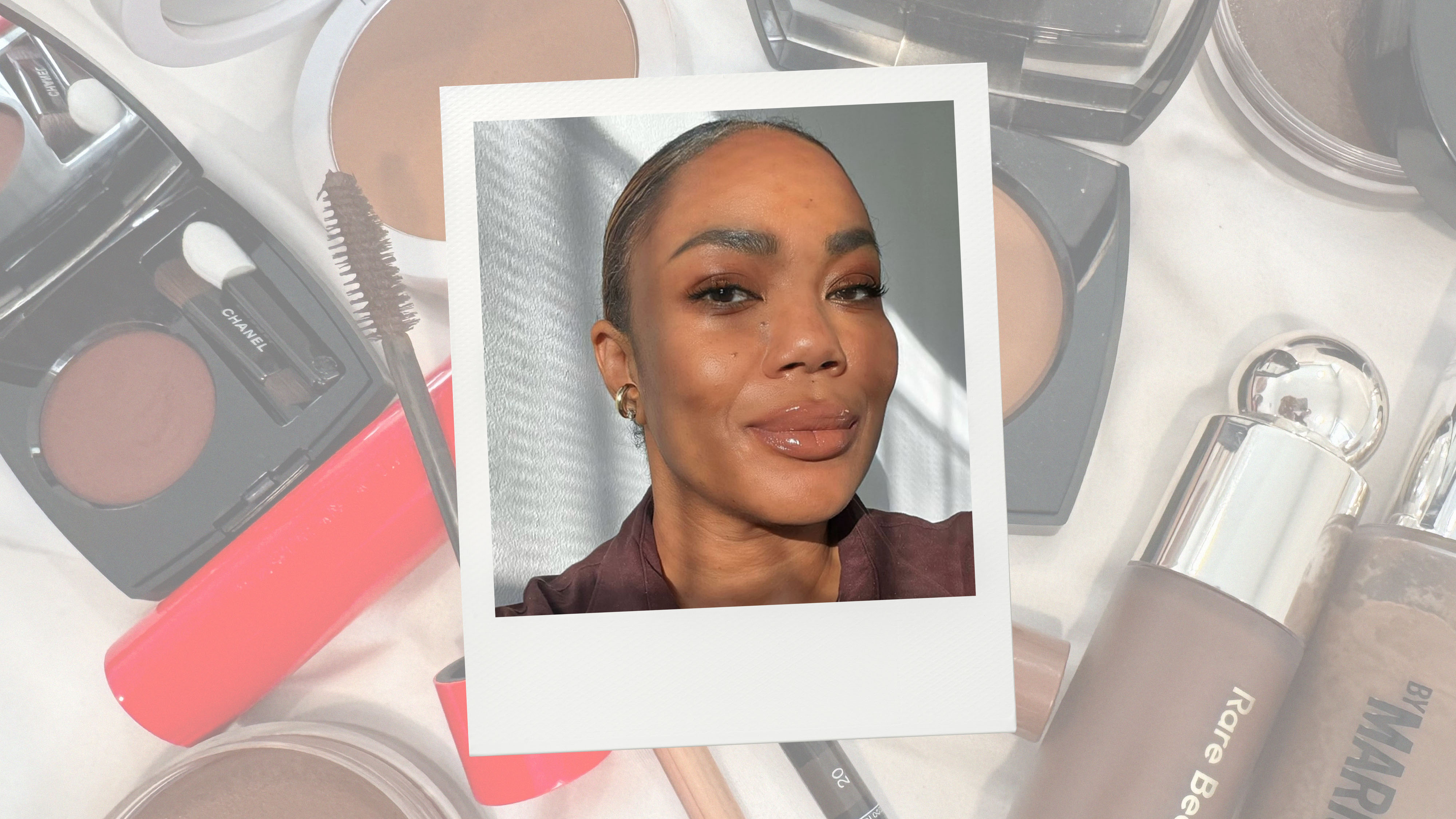 Collage of Tasha Reiko Brown and the best brown makeup products.