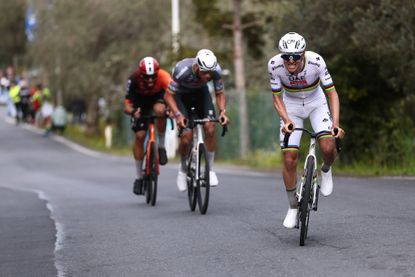 SANREMO, ITALY - MARCH 22: Tadej Pogacar of Slovenia and Team UAE Team Emirates competes during the 116th Milano-Sanremo 2025 a 289km one day race from Pavia to Sanremo / #UCIWT / on March 22, 2025 in Sanremo, Italy. (Photo by Luca Bettini - Pool/Getty Images)