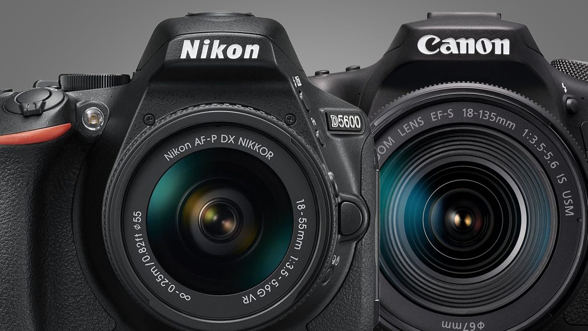 The Nikon D5600 and Canon EOS 90D DSLRs on a grey background