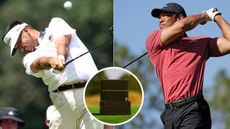Jason Day and Tiger Woods hit drivers off the tee, with a circle showing new Bridgestone golf balls