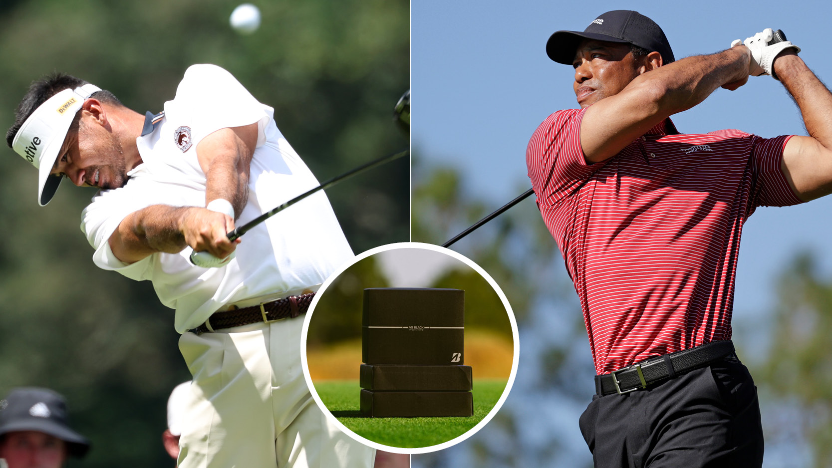Jason Day and Tiger Woods hit drivers off the tee, with a circle showing new Bridgestone golf balls