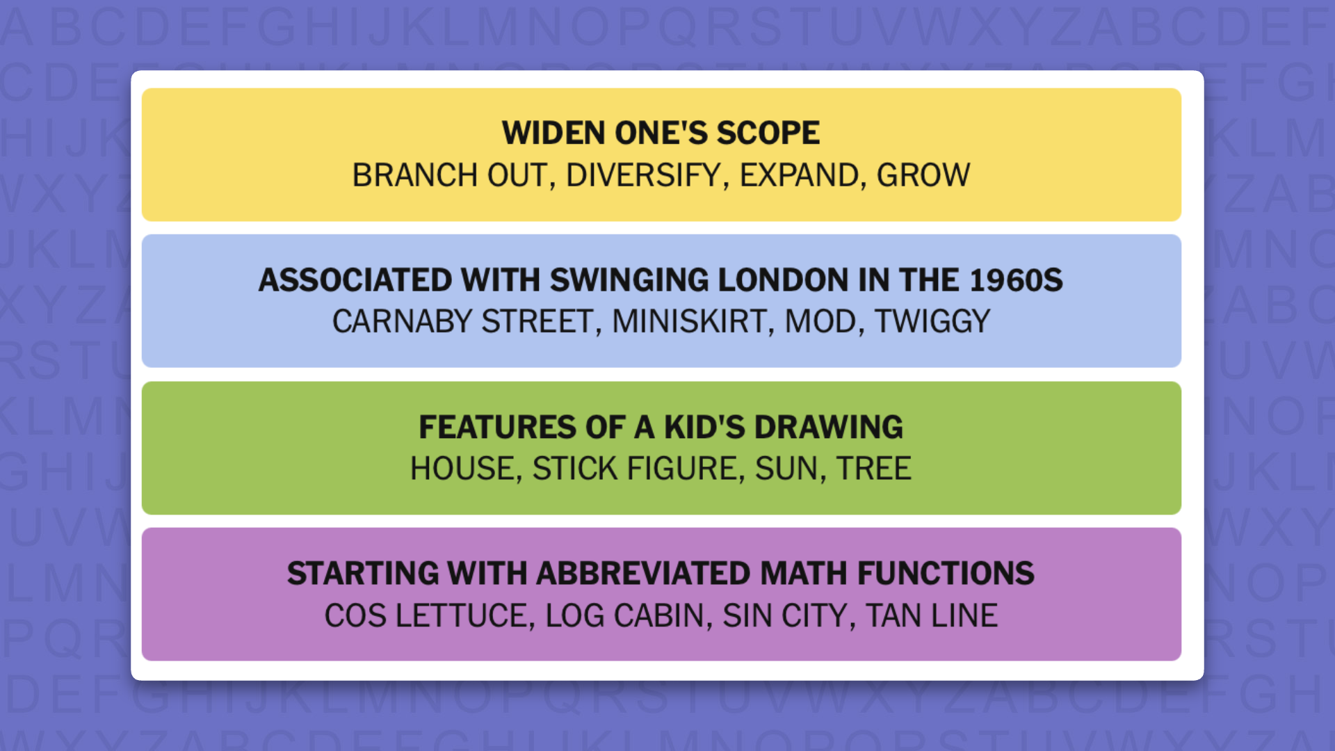 NYT Connections answers for game 1196 on a purple background