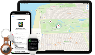 A graphic showing an iPad, iPhone, Apple Watch and AirTag, with a map showing their locations using the Find My app