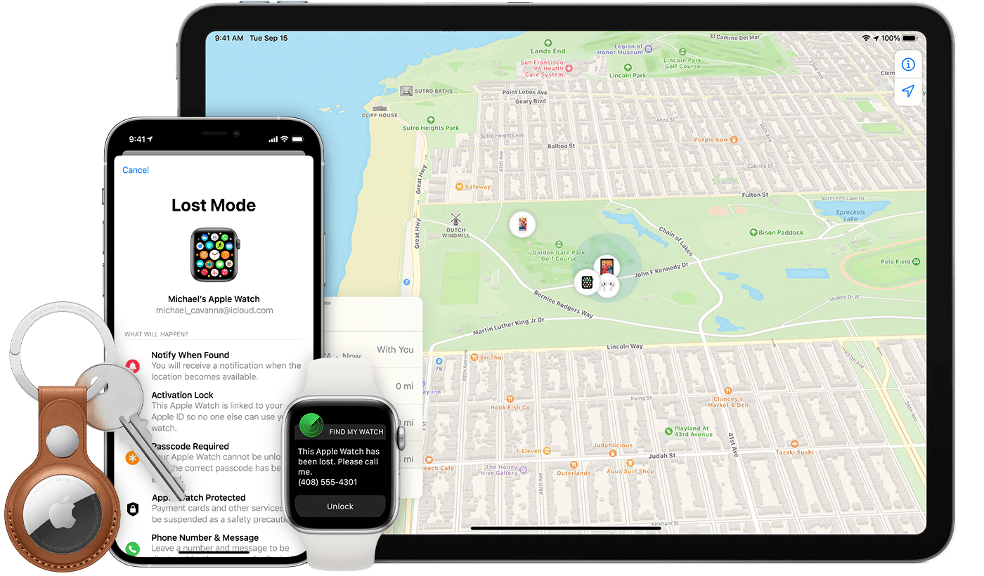 A graphic showing an iPad, iPhone, Apple Watch and AirTag, with a map showing their locations using the Find My app