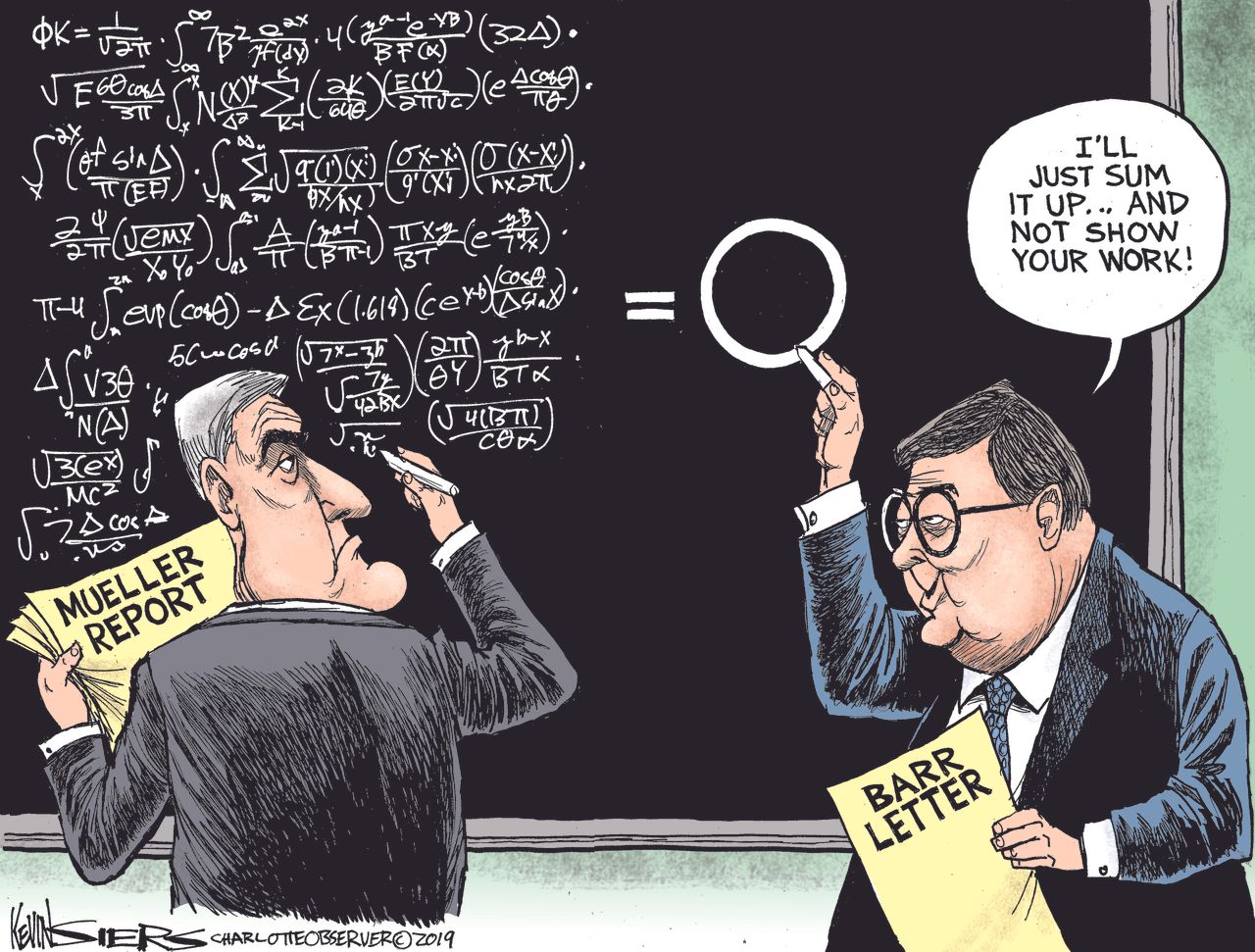 Political Cartoon U.S Mueller report summarized by William Barr