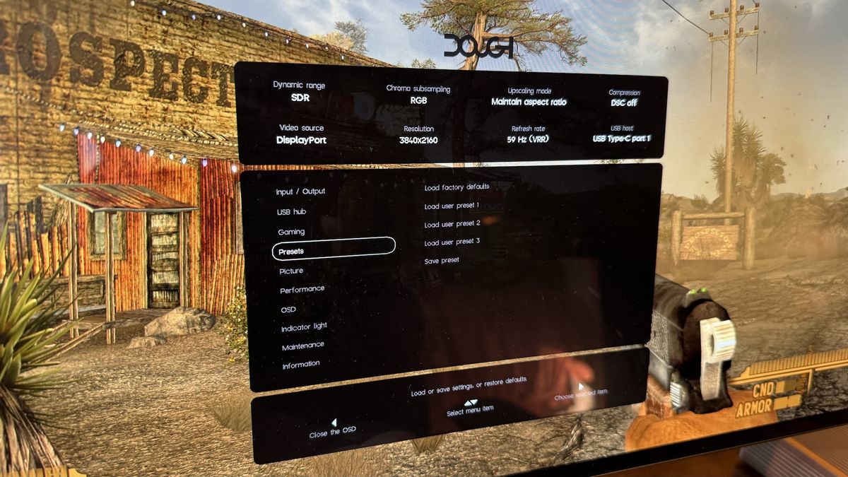 The OSD for the Dough Spectrum Black 27-inch OLED monitor
