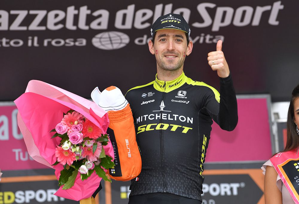 Mikel Nieve on the Giro d'Italia podium after winning stage 20
