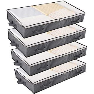 Uoune 90l Underbed Storage Bags - Large Storage Organiser Boxes - Foldable Fabric Wardrobe Storage Solutions With Zips and Reinforced Handles for Duvets, Clothes, Shoes, Beddings, Qulit, 4 Pack, Grey